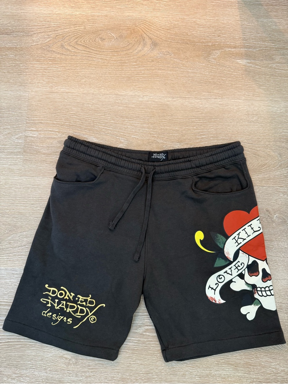 Ed Hardy Fleece Sweat Shorts Men Large Black Y2K